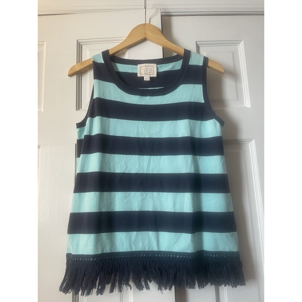 Sail to Sable Striped Fringe Tank Top Womens Small S Mint Navy Blue Knit Coastal